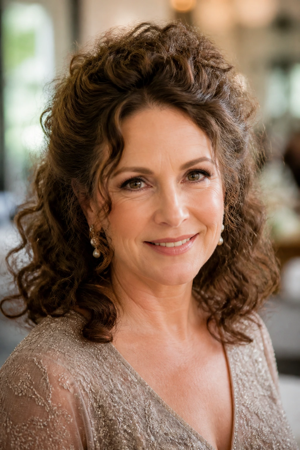 Close-up of a real woman with a curly halo half-up hairstyle.