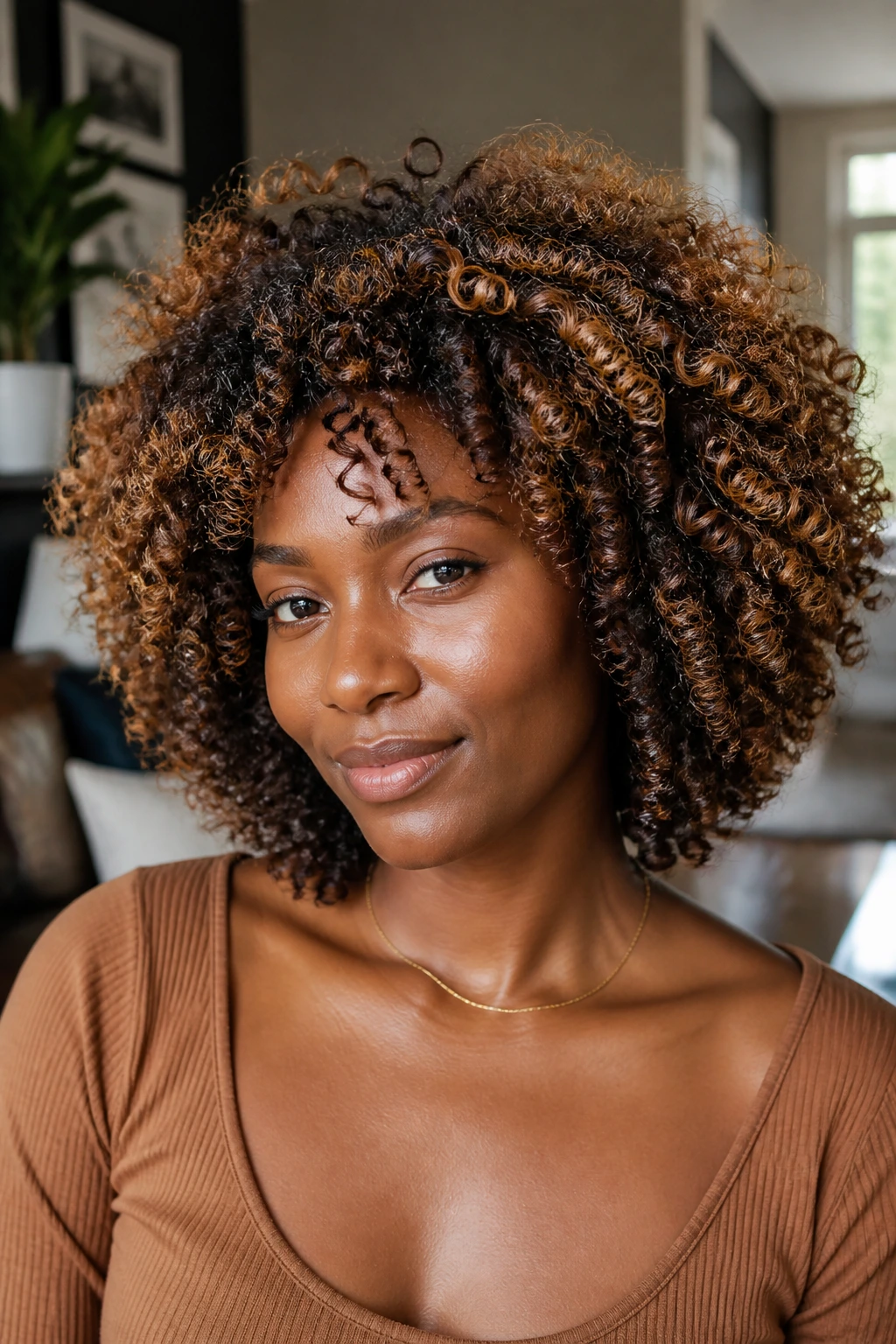Close-up portrait of a real woman with curly halo highlights around curls