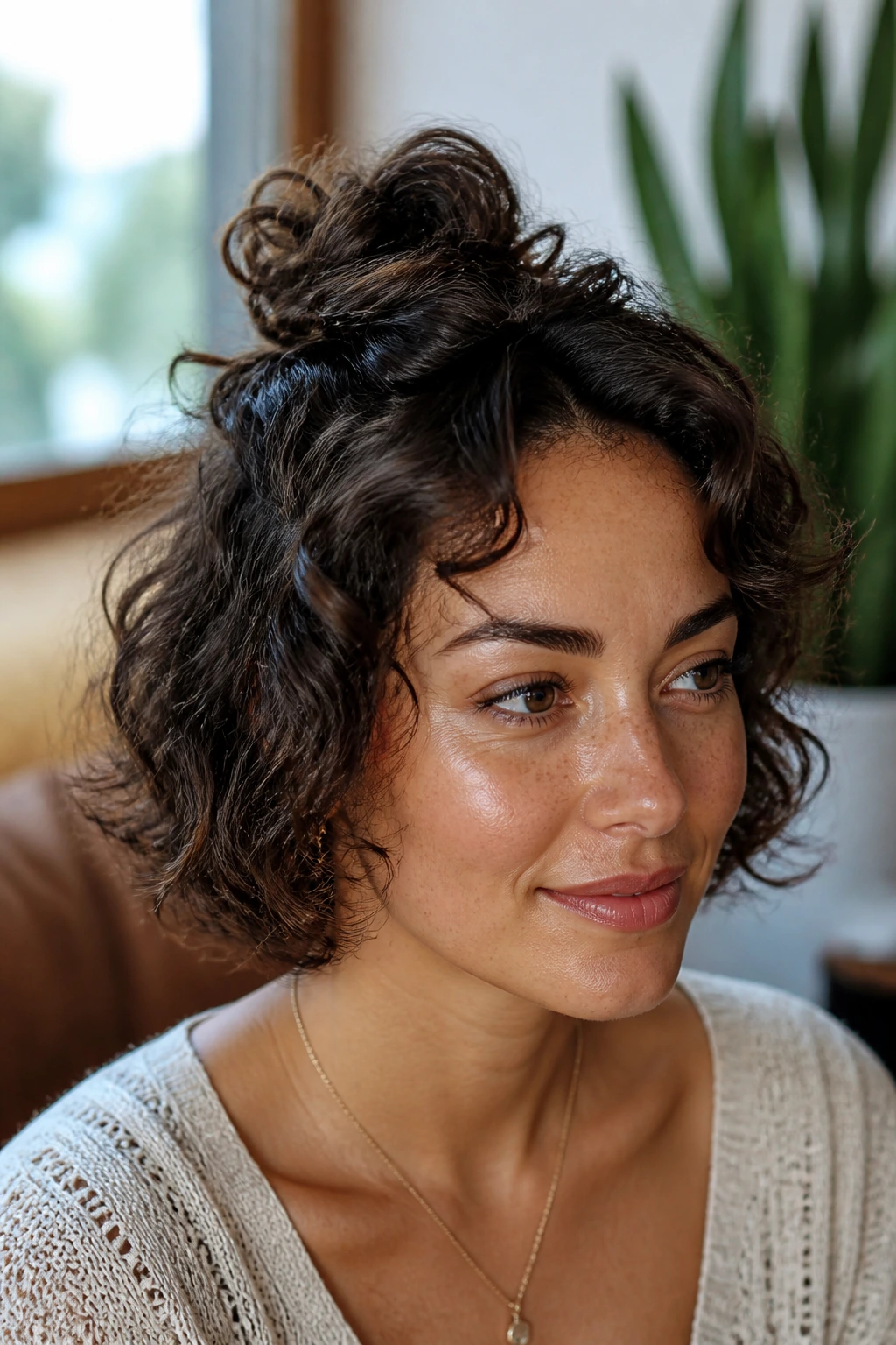 Close-up of a curly-haired woman with a small halo knot at the crown