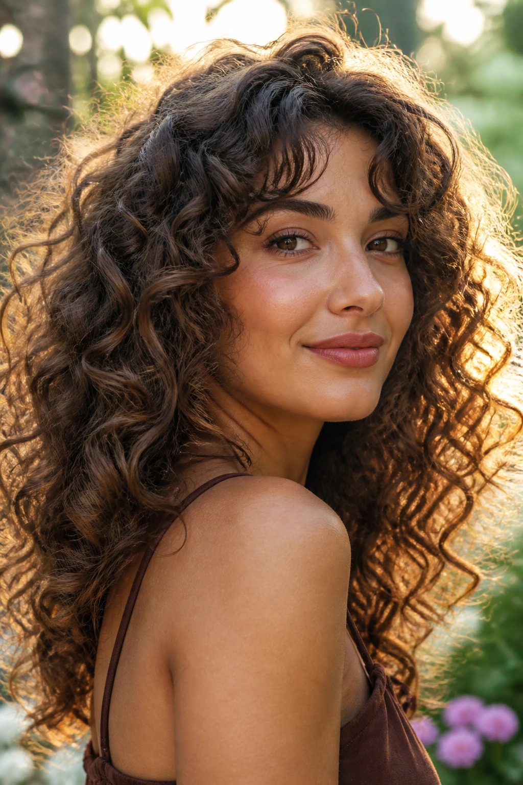 Close-up of a real woman with curly halo layers around the face.