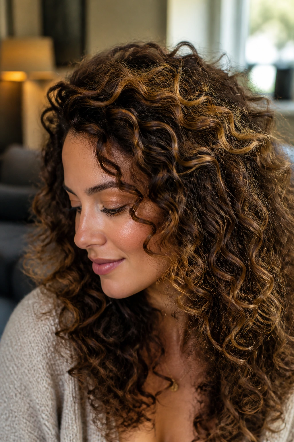 Close-up of a real person with curly hair and caramel halo lights around the crown