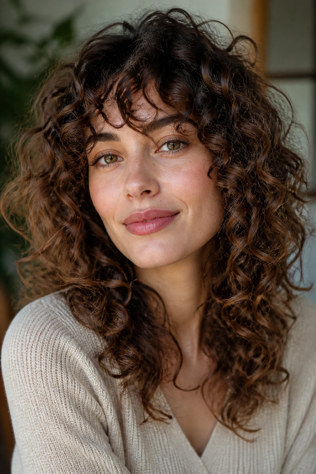 Close-up of a woman with curly halo shape around an oval face.