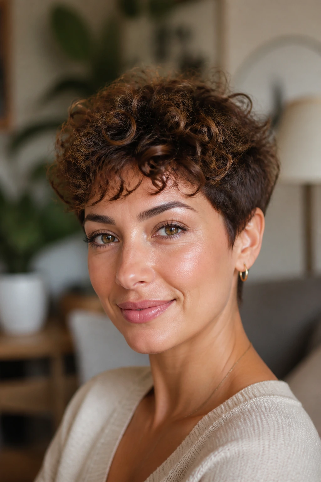 Portrait of a real person with curly halo pixie showing high crown of curls