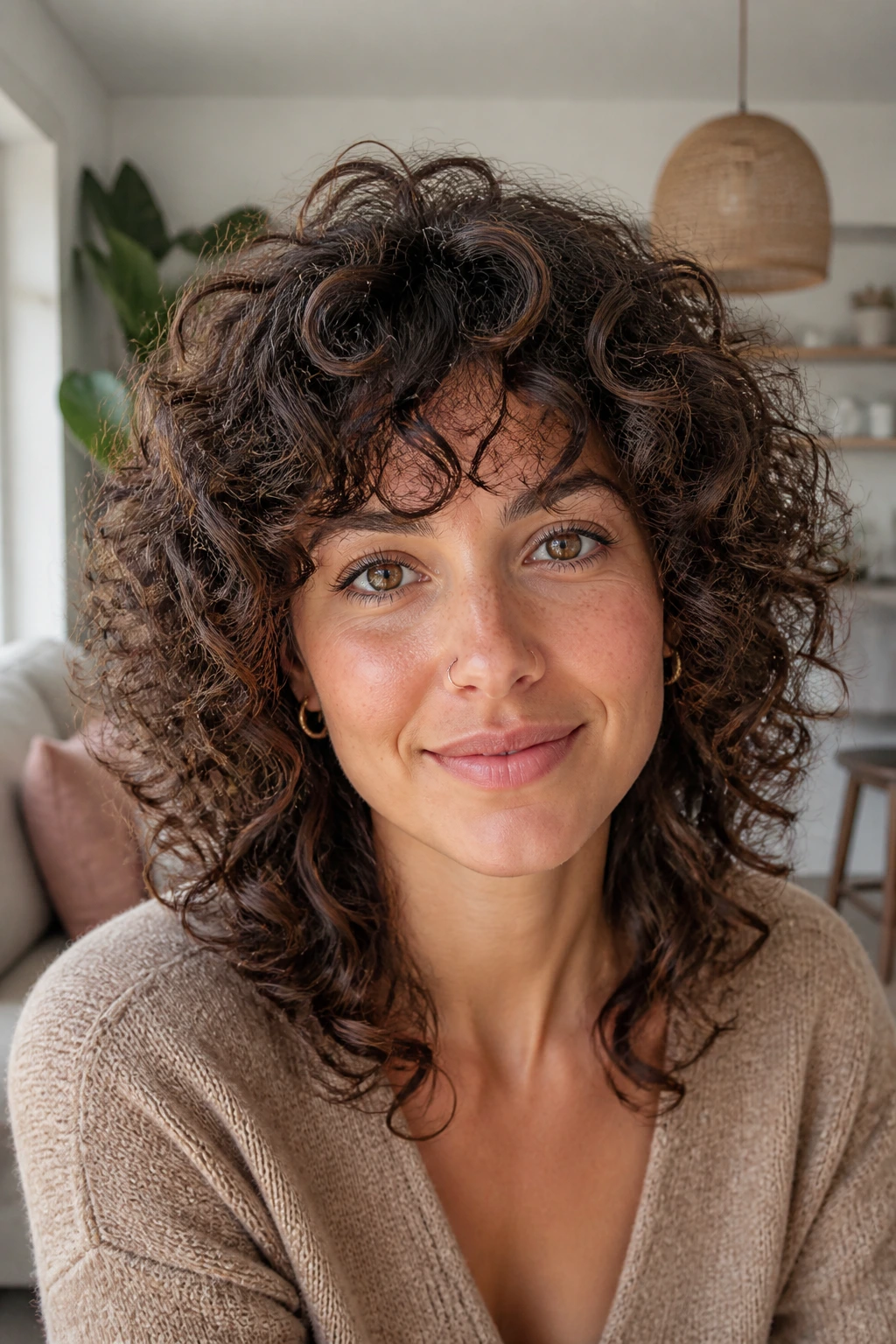Portrait of real woman with curly halo shag showing defined curls