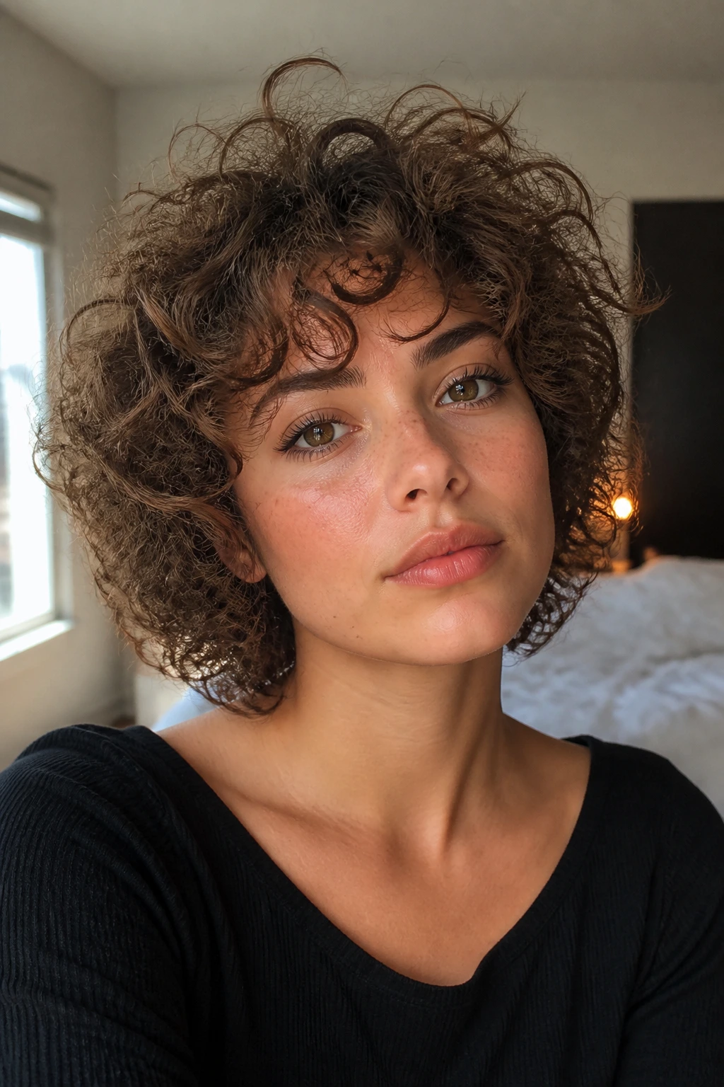 Close-up of a real woman with Curly Halo Shag hairstyle featuring a short airy crown and halo curls