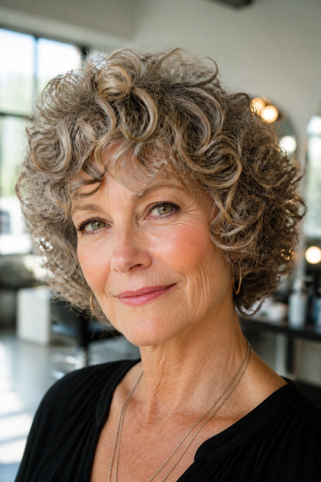Close-up portrait of a real woman with curly halo shag hairstyle