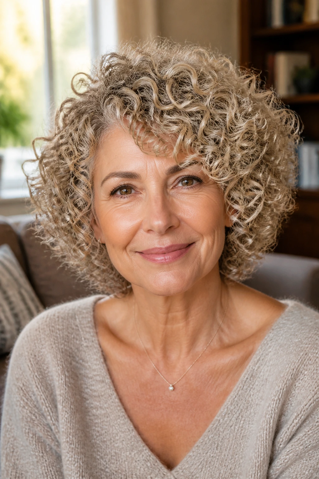 Close-up portrait of a real woman with curly halo shag hairstyle, side-swept front