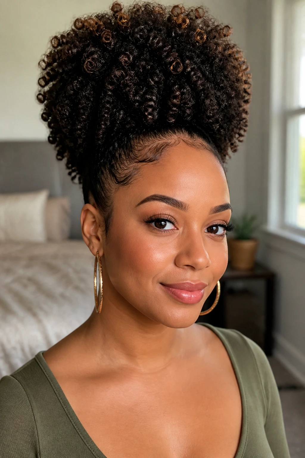 Close-up of a real woman with Curly High Puff with Shaped Perimeter in natural window light