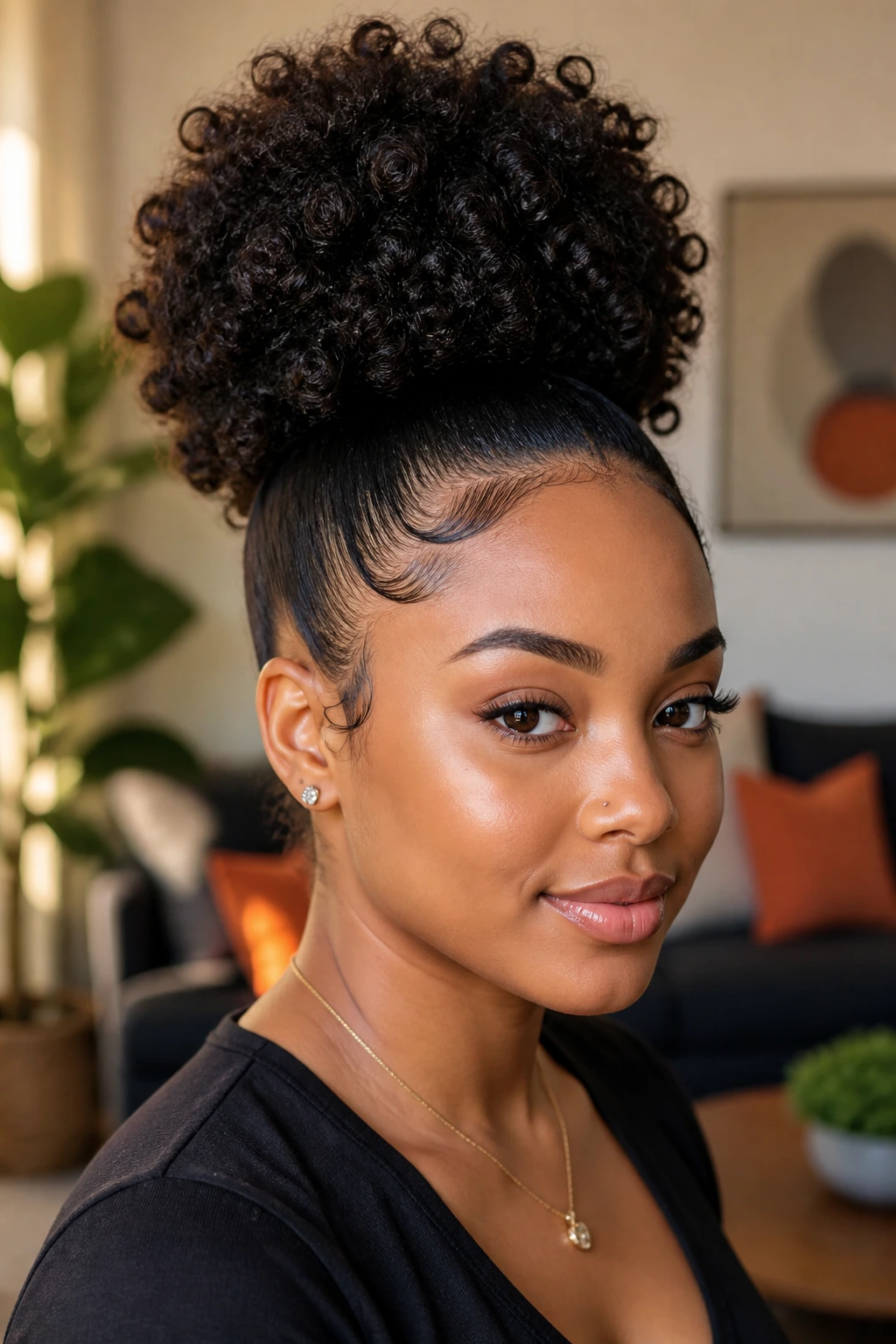 Close-up of a real woman with a curly high puff and sleek edges.