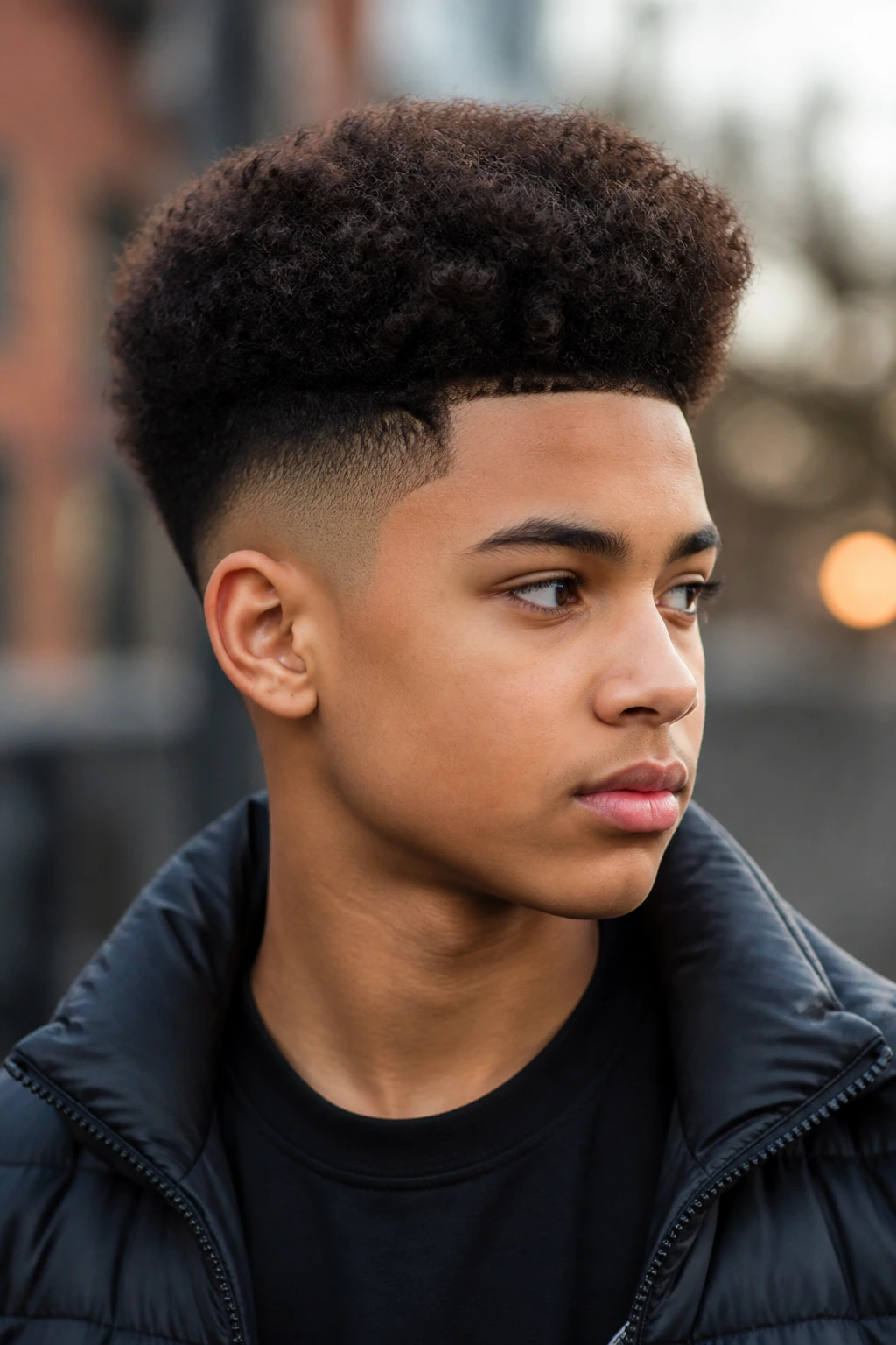 Real boy with curly high top fade in an outdoor setting