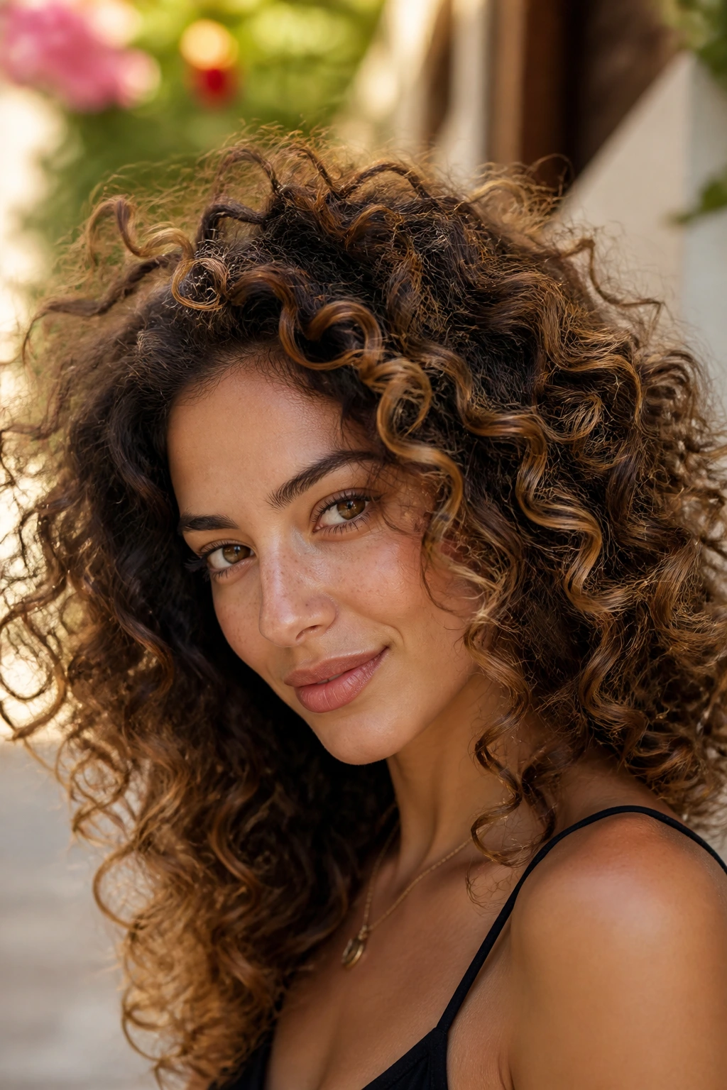 Curly hair with caramel ribbon highlights on a real person