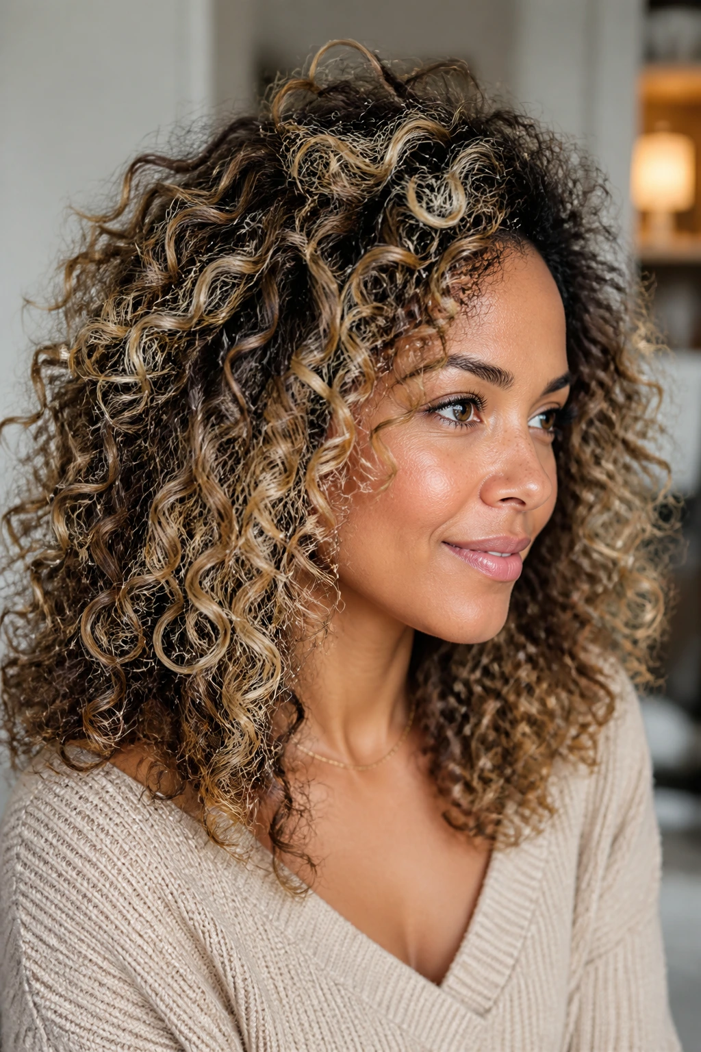 Portrait of a woman with face-framing highlights on curly hair.