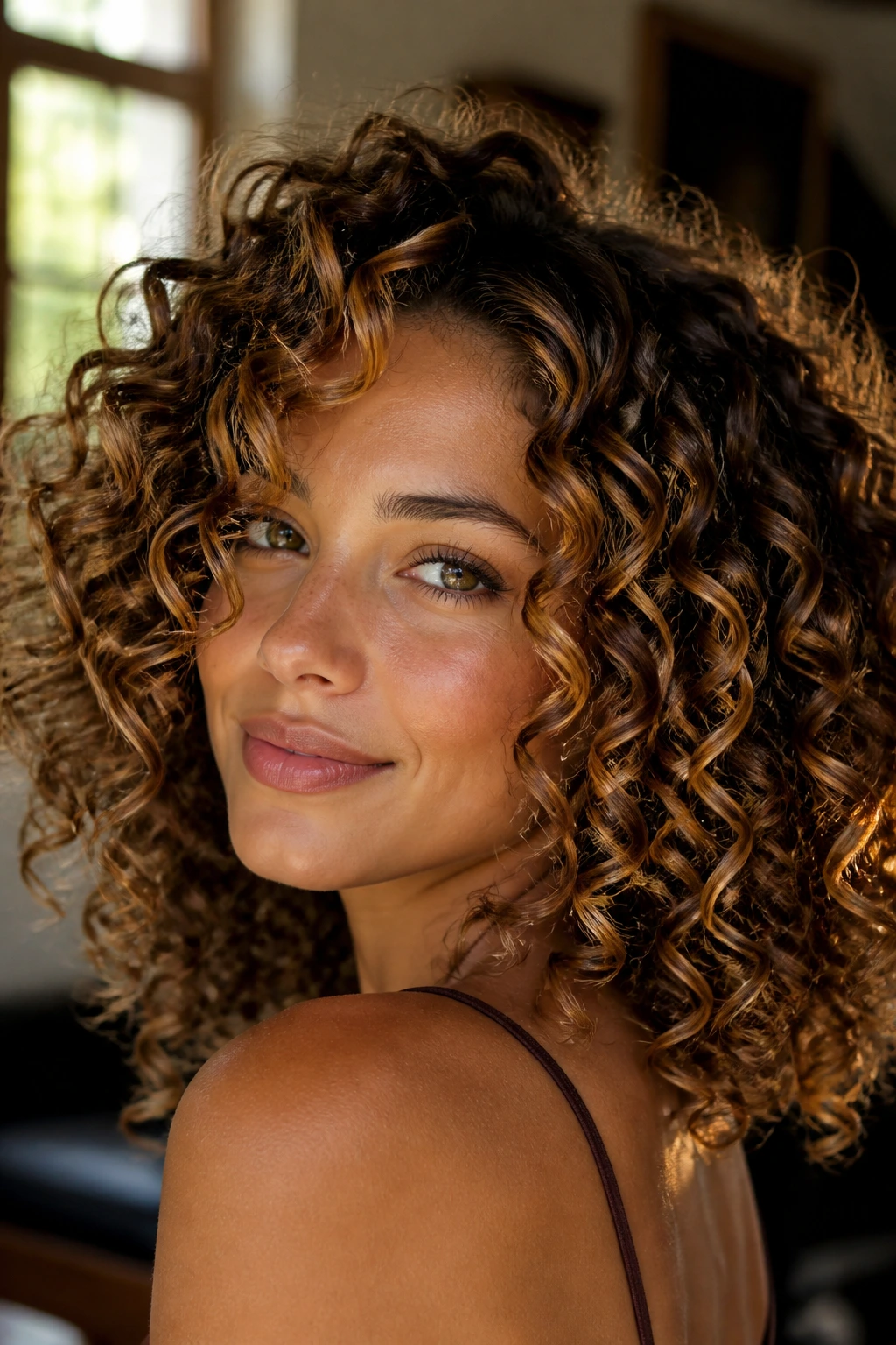 Close-up of a real woman's curly hair with glossy caramel highlights catching window light