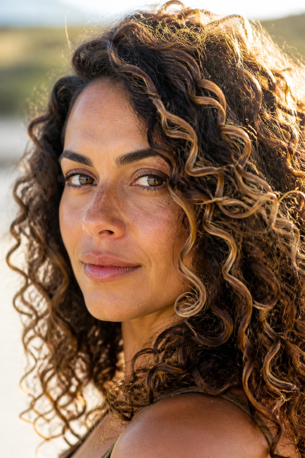 Close-up of curly-haired woman with ribbon placement highlights