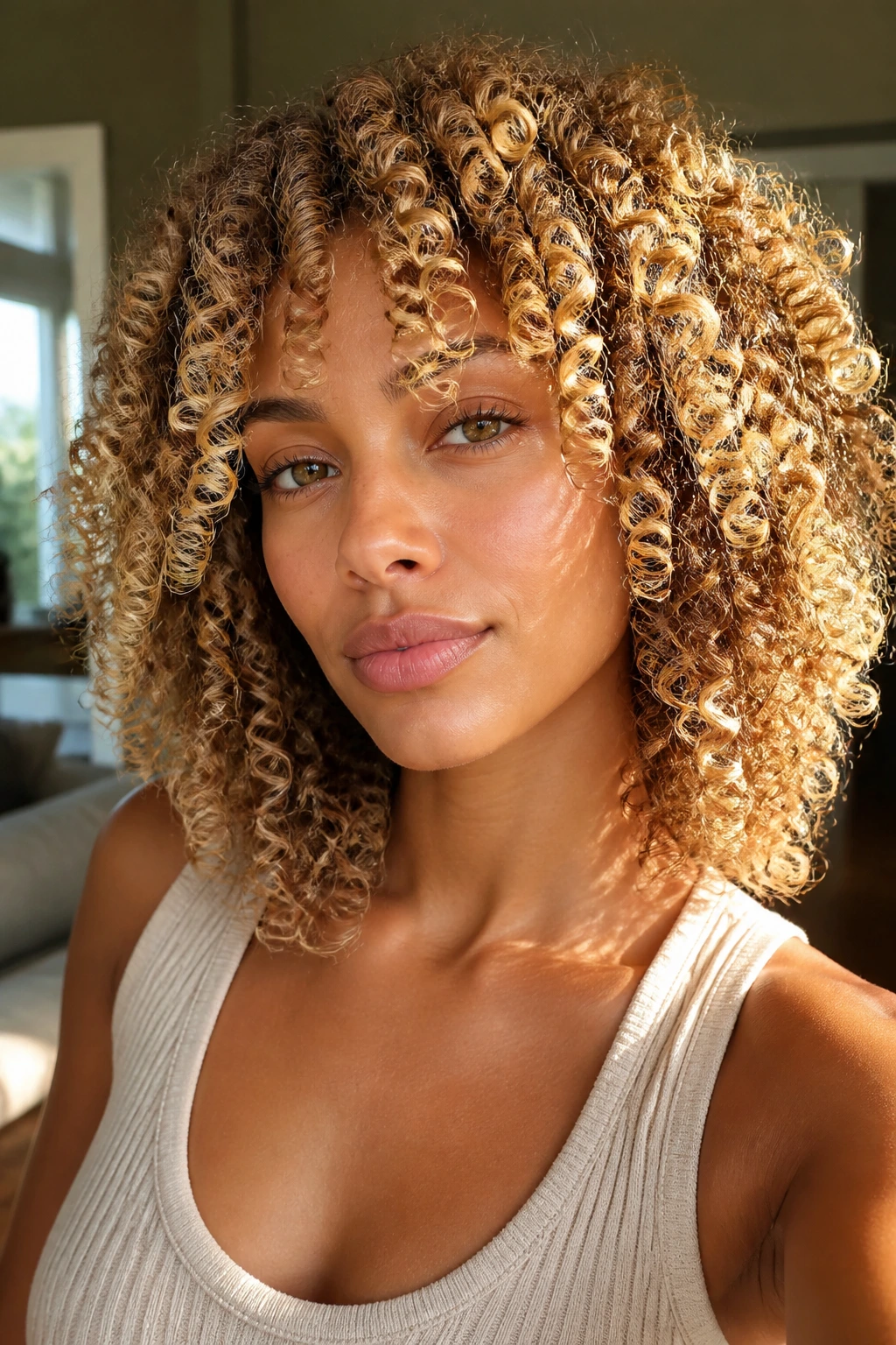 Close-up of a real woman with curly honey blonde hair and bright tips.