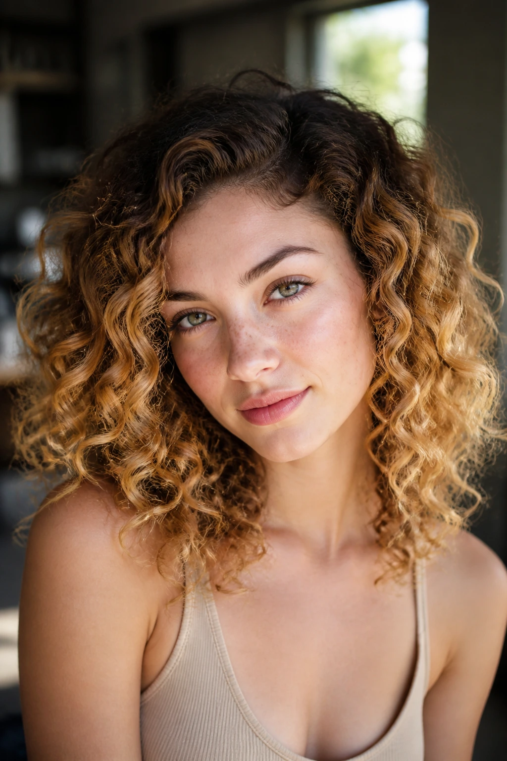 Close-up of curly hair with honey halo ombre on a real person