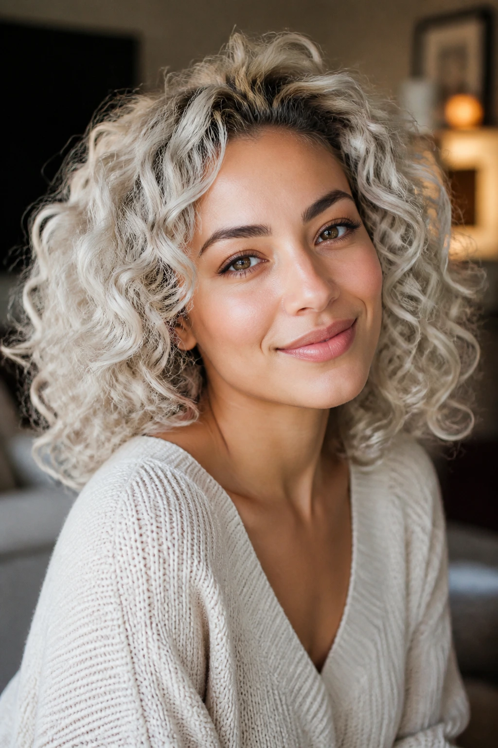 Real woman with curly icy blonde hair and face-framing curls
