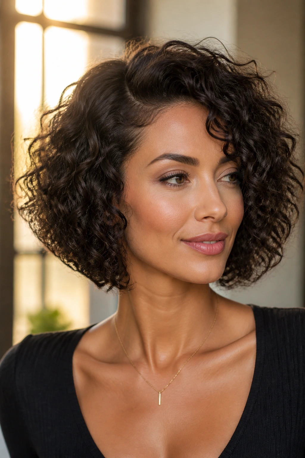 Portrait of a real woman with a soft glam inverted bob, deep side part and defined curls
