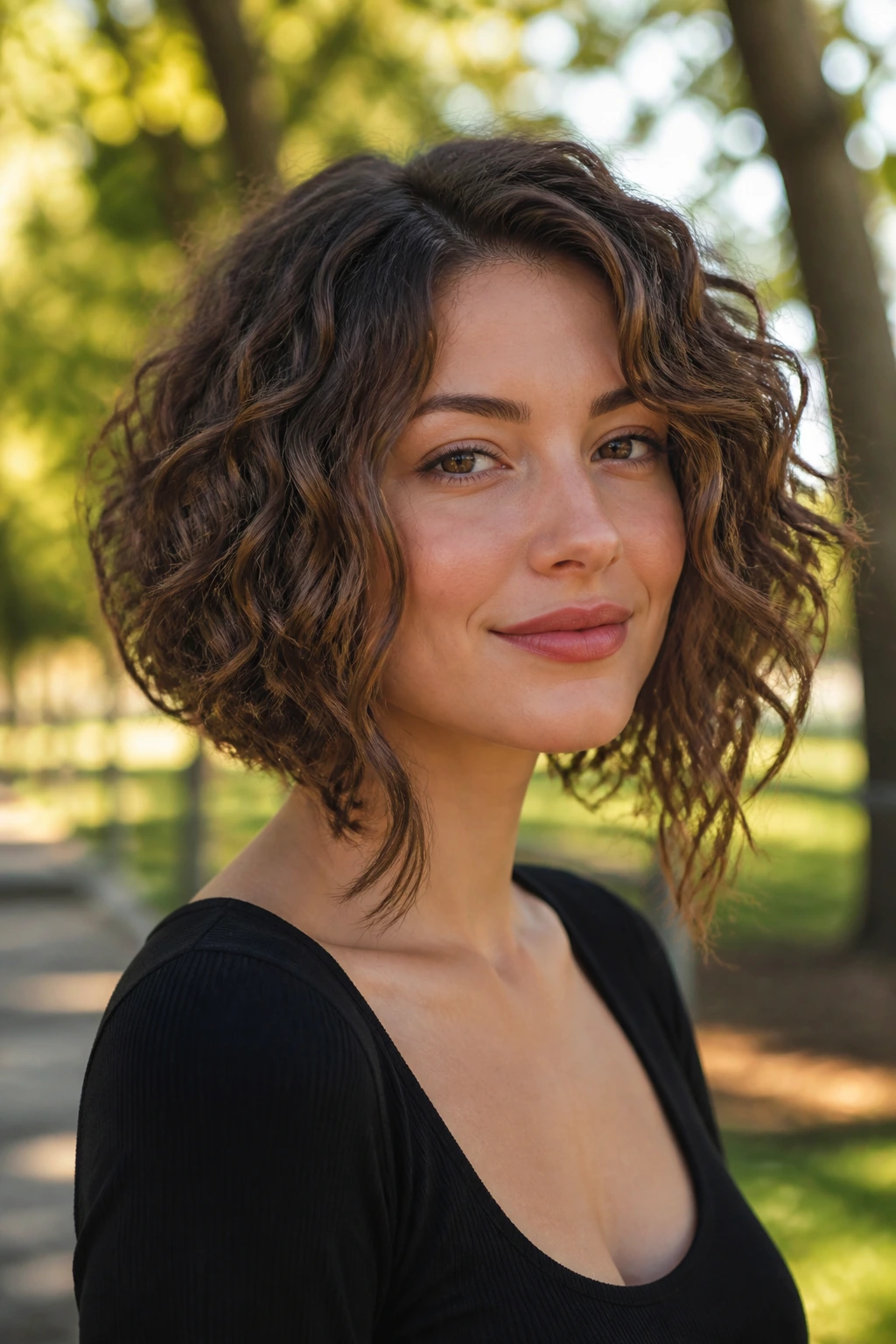 Real woman with curly inverted bob and long front pieces in natural light