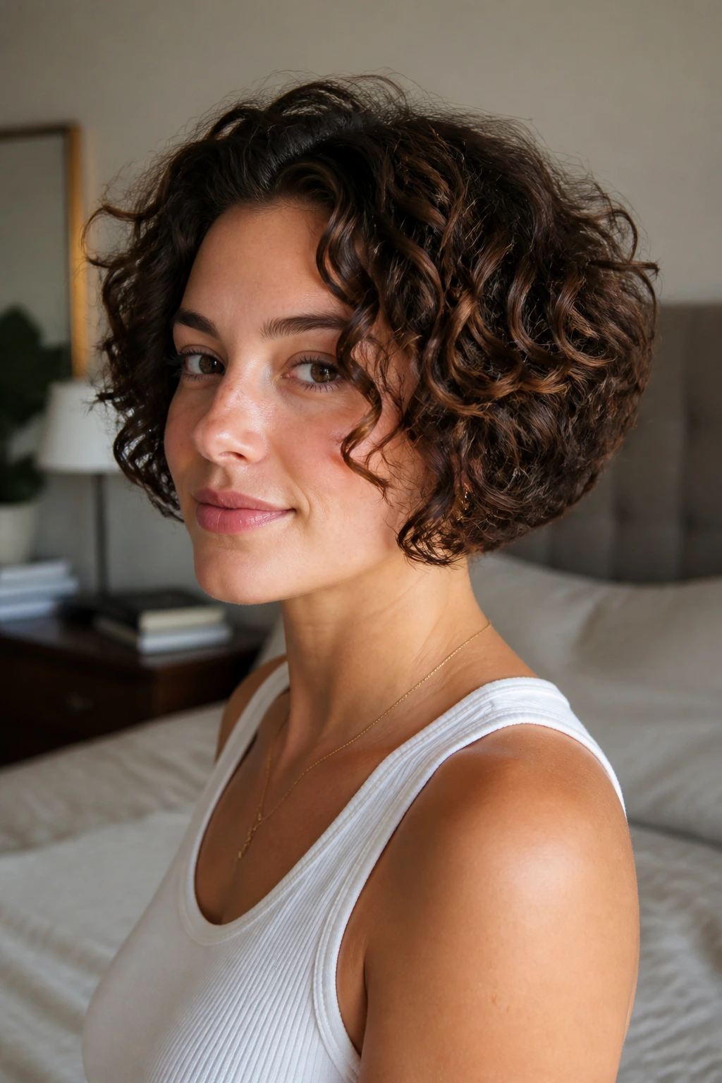 Real person with tidy neckline curly inverted bob in a cozy bedroom setting
