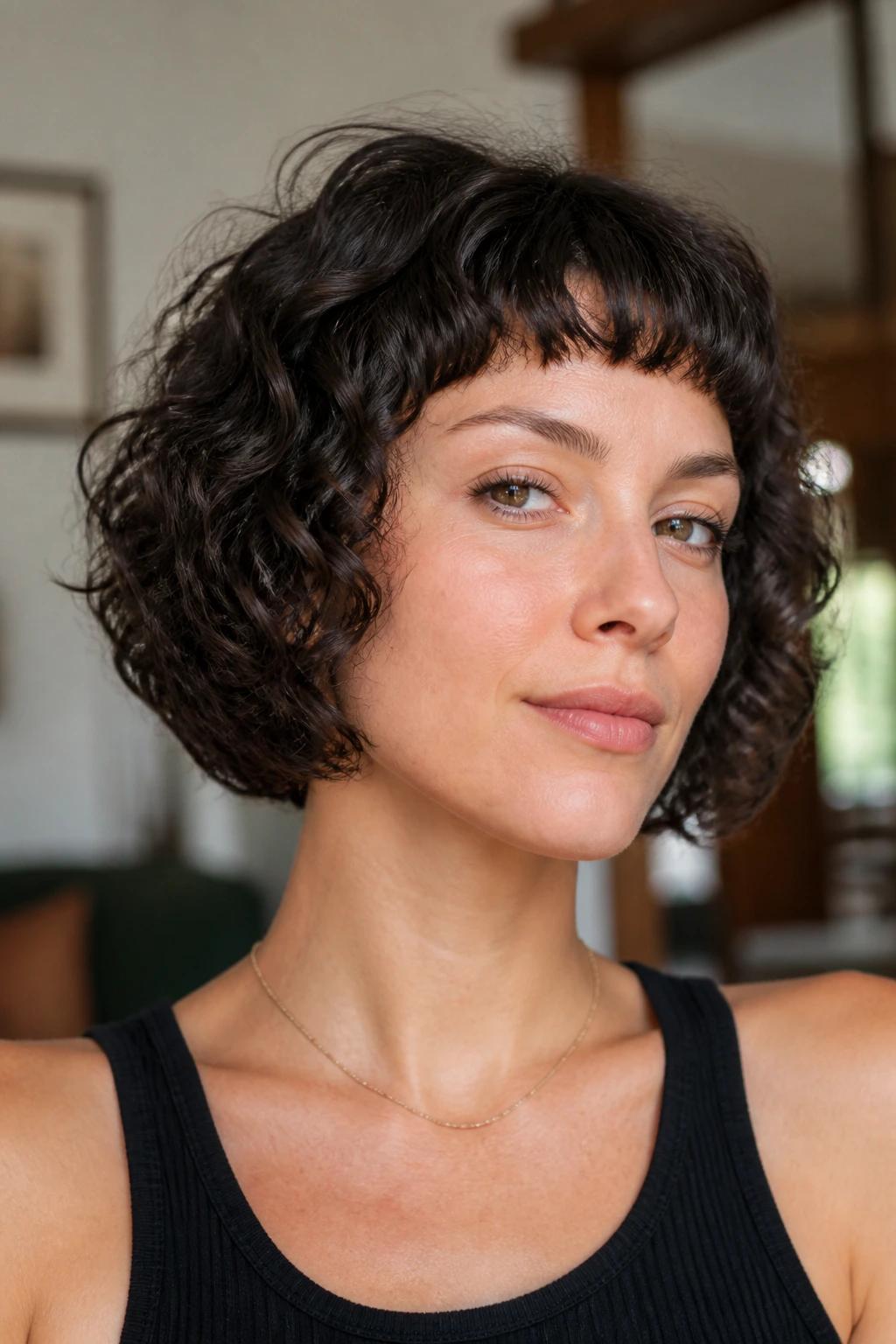 Close-up of a real woman with curly inverted bob and micro fringe above the eyebrows