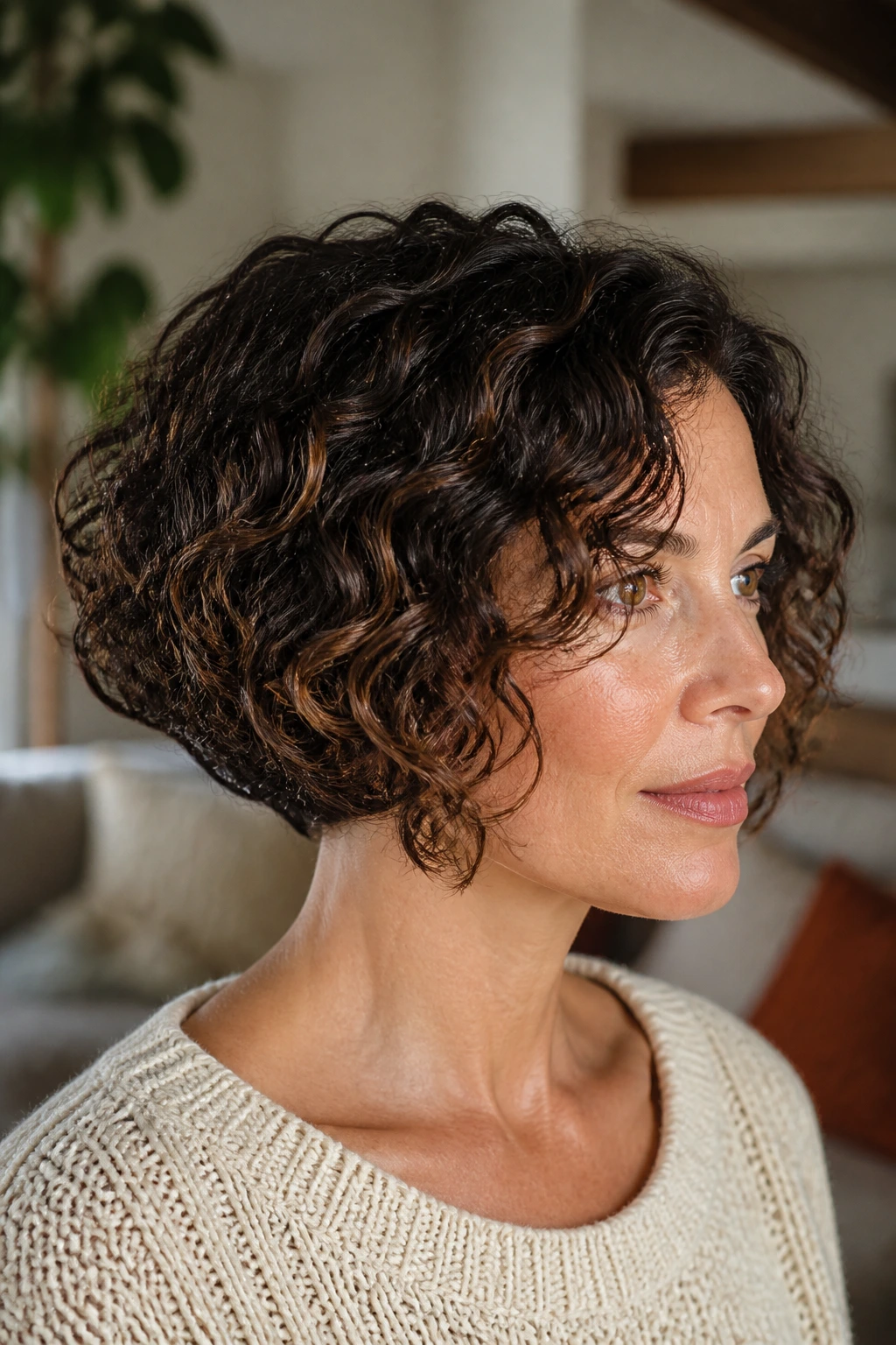 Close-up of a real person with a curly inverted bob showing controlled shrinkage and defined curls