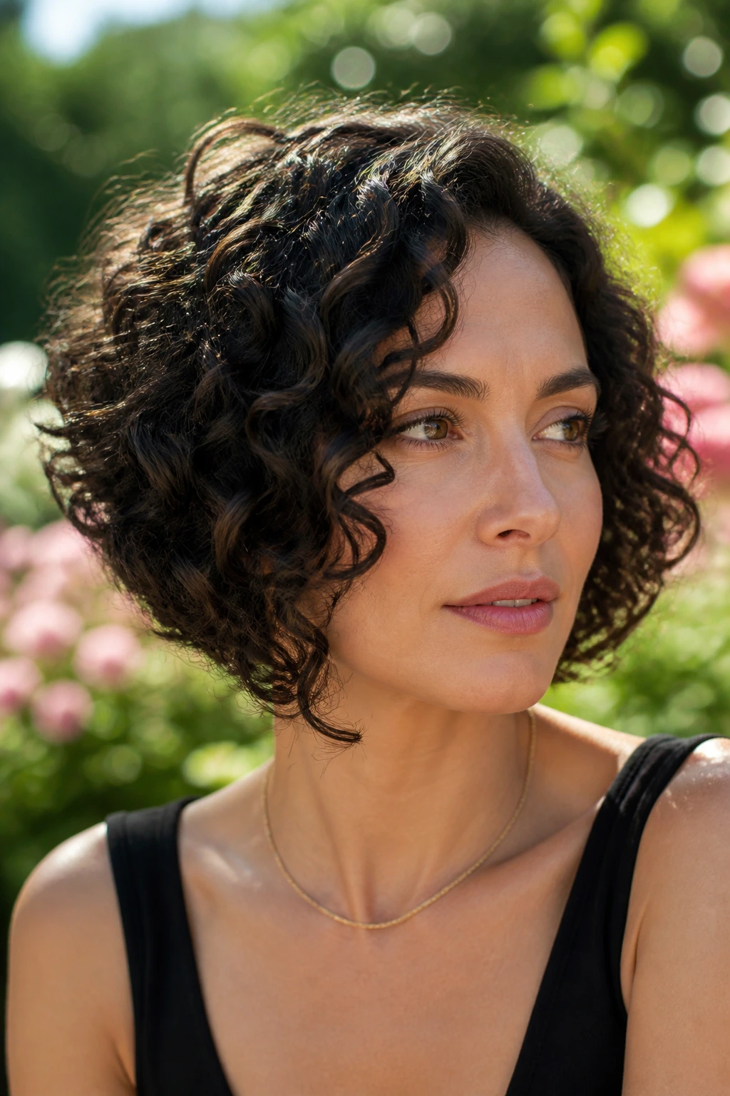 Real woman with curly inverted bob showing springy shape