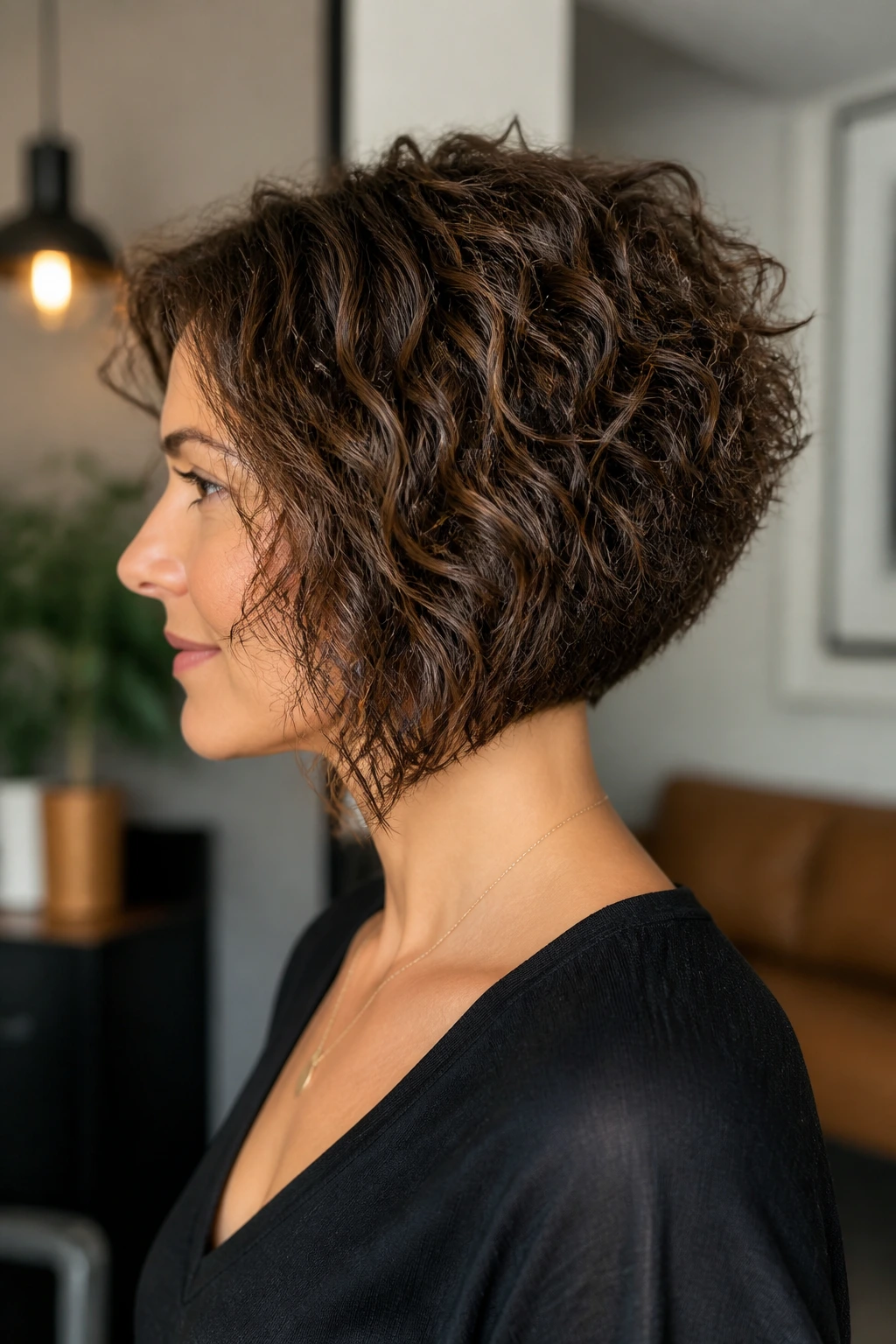 Real woman in side profile showing boundary-defined curly inverted bob