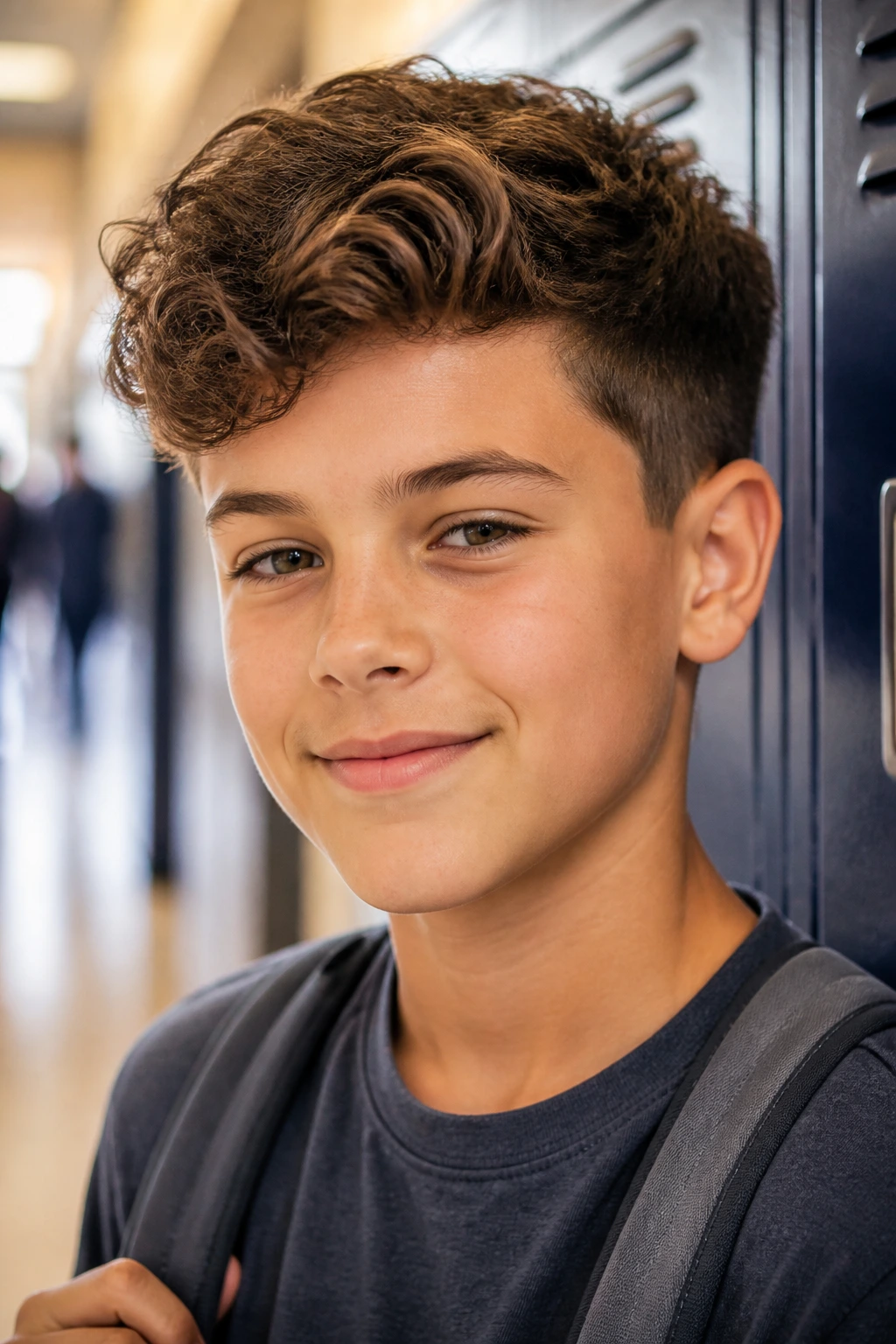 Close-up of a real boy with curly Ivy League haircut in school hallway