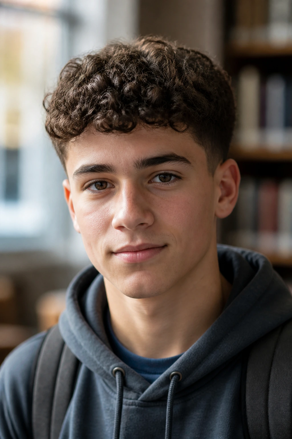 Close-up of a real boy with curly Ivy League hairstyle in a school setting