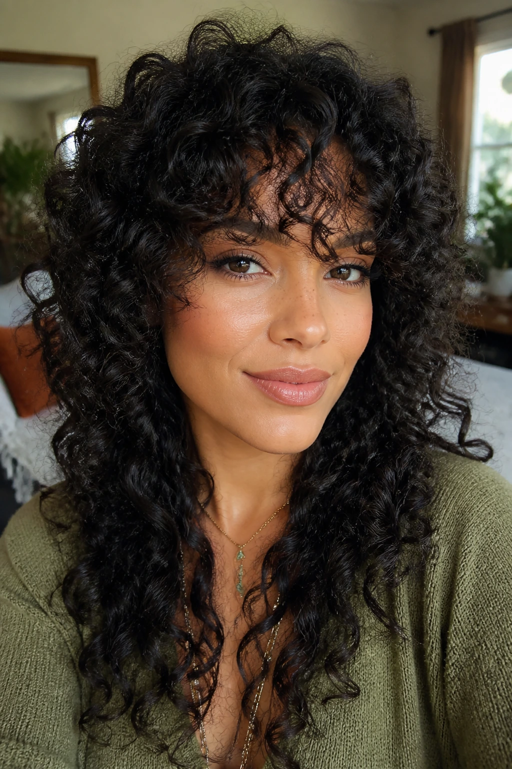 Close-up portrait of a real woman with curly layered bangs around the forehead