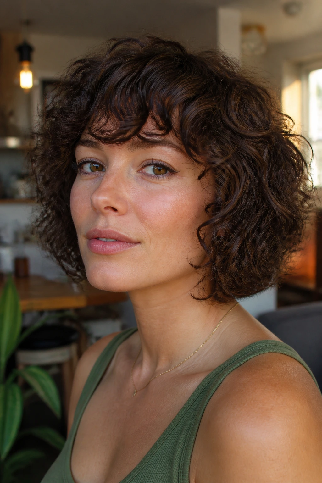Close-up of a real woman with a curly layered bob and curly fringe in warm daylight