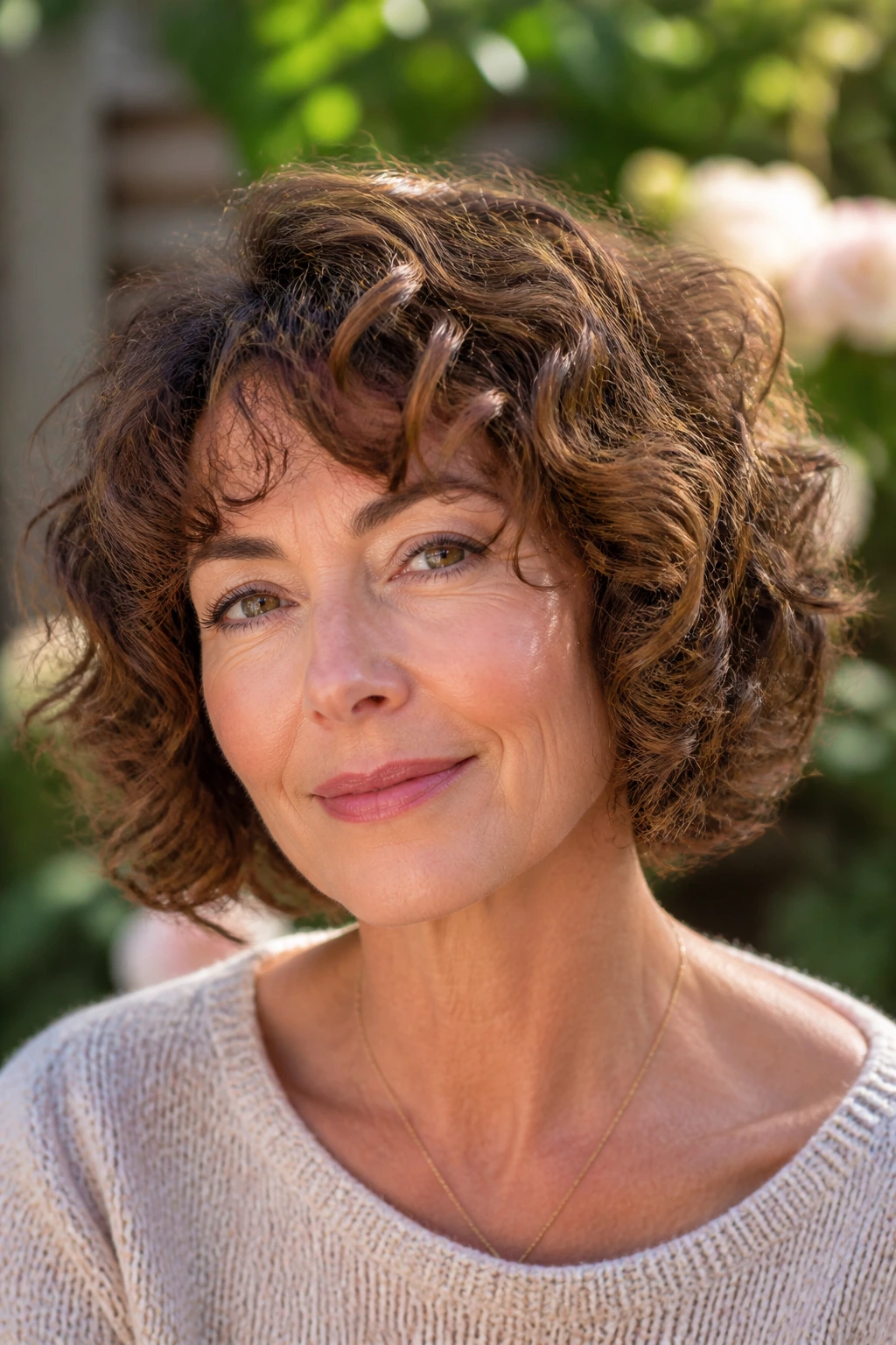 Real woman with curly layered bob in sunlit garden