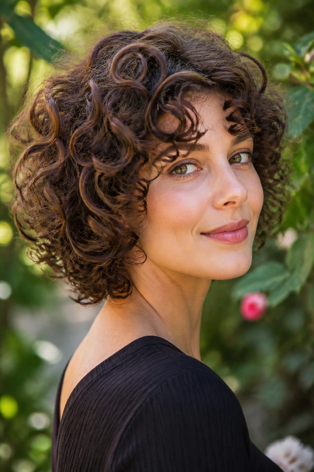 Close-up portrait of a real person with a curly layered bob showing defined curls