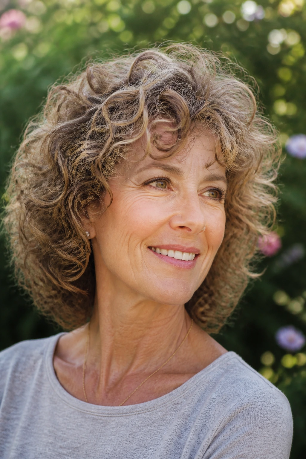 Close-up of a real woman with curly layered cut