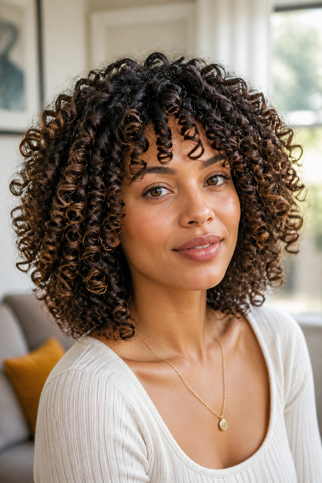 Close-up of a woman with curly thick hair layered to respect shrinkage