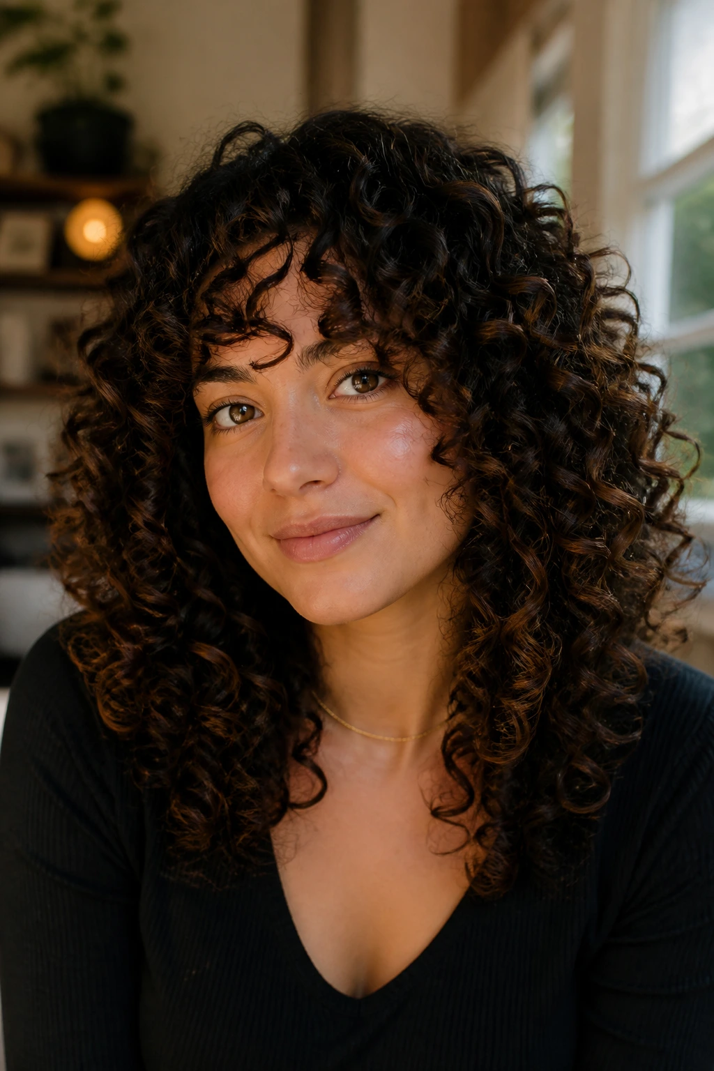 Close-up of a real woman with thick curly ringlets and layered cut in natural window light.