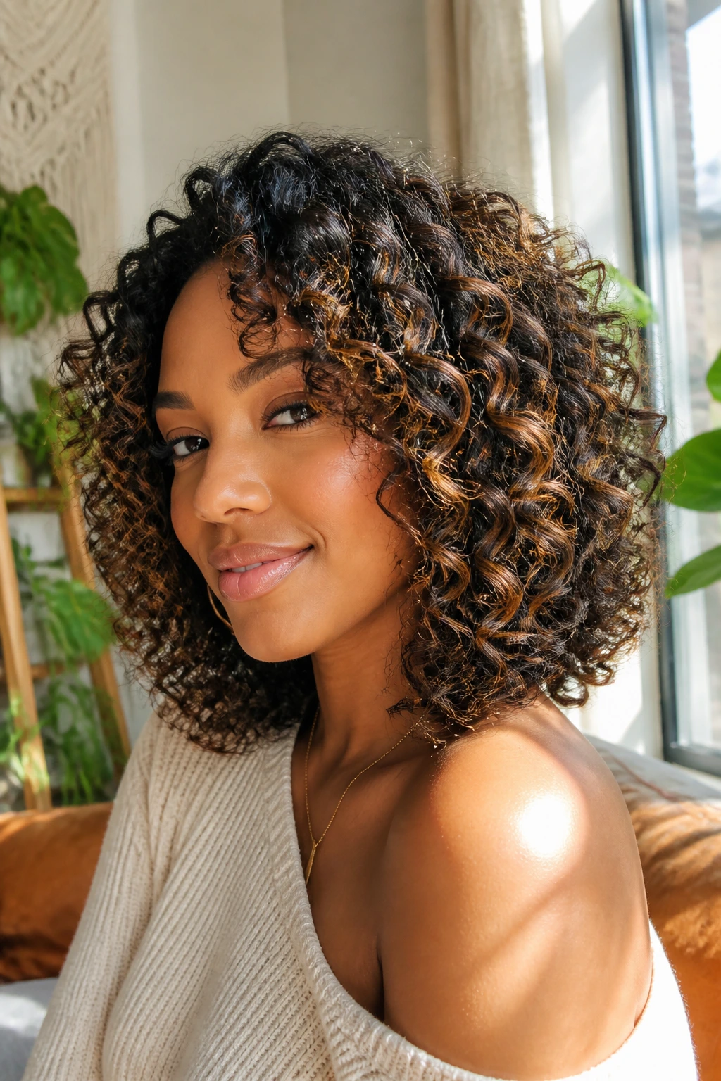 Close-up portrait of a real Black woman with curly layered lob and caramel threads.