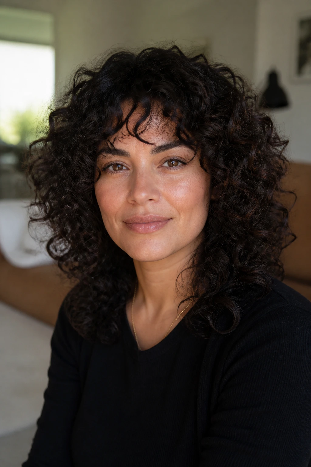 Close-up of a woman with thick curly layered hairstyle framing a square face