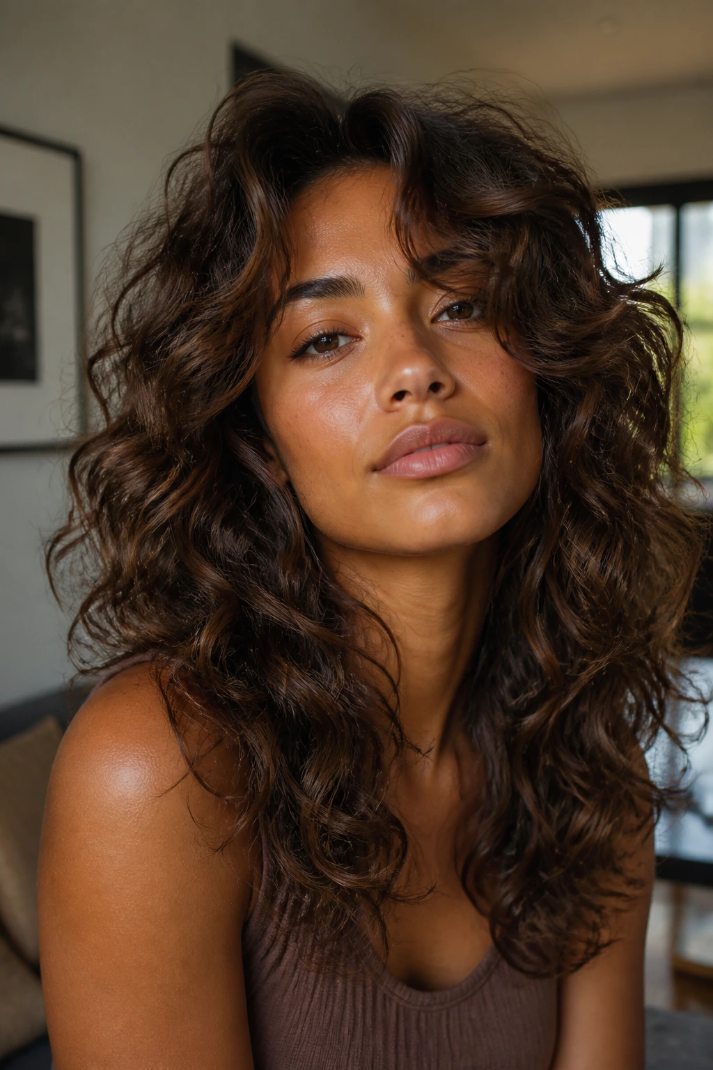 Portrait of a real woman with brushed-out curly layers on tan skin.