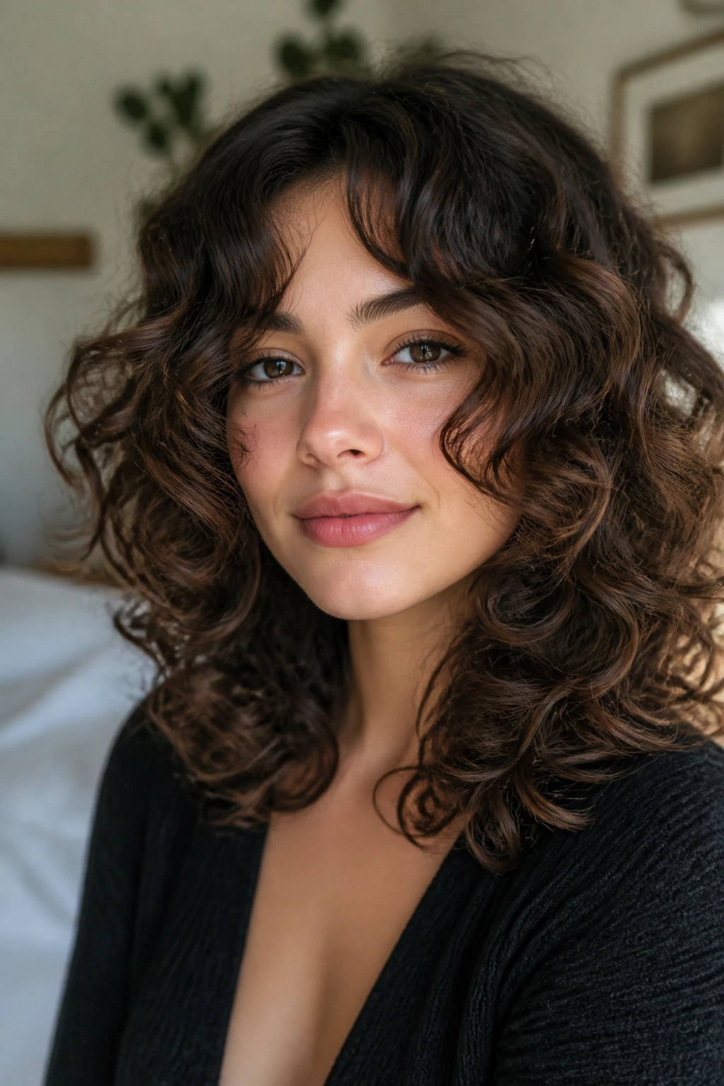 Close-up of a woman with curly layers shaped at the cheeks