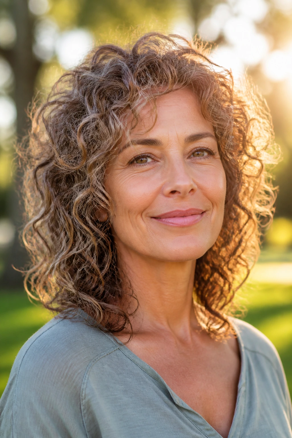 Portrait of a real woman with curly layers respecting curl pattern outdoors
