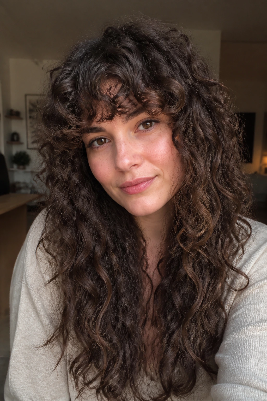 Portrait of a woman with curly layers and curly fringe.