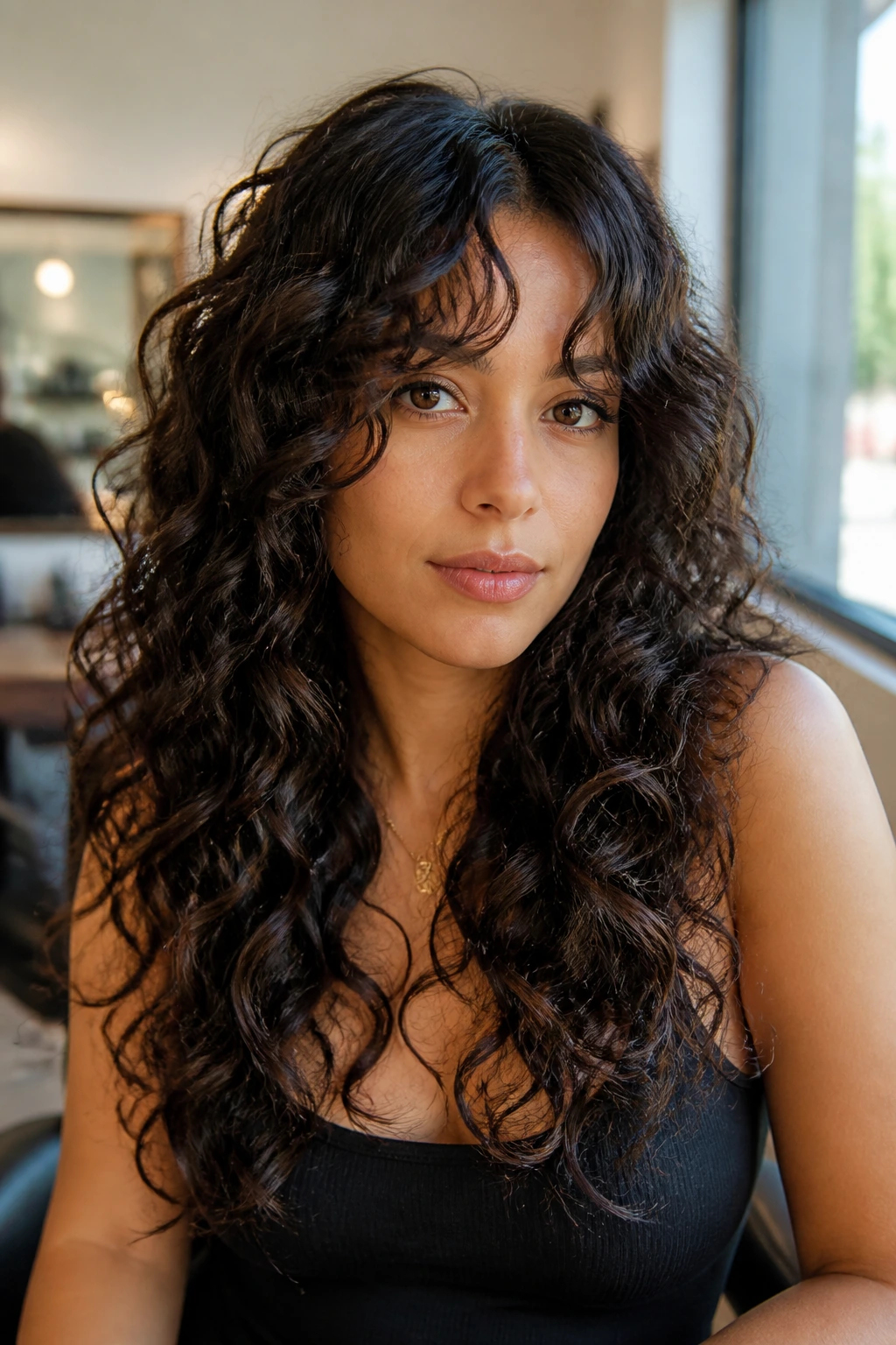Portrait of a woman with long curly layers and curtain bangs in a softly lit room.
