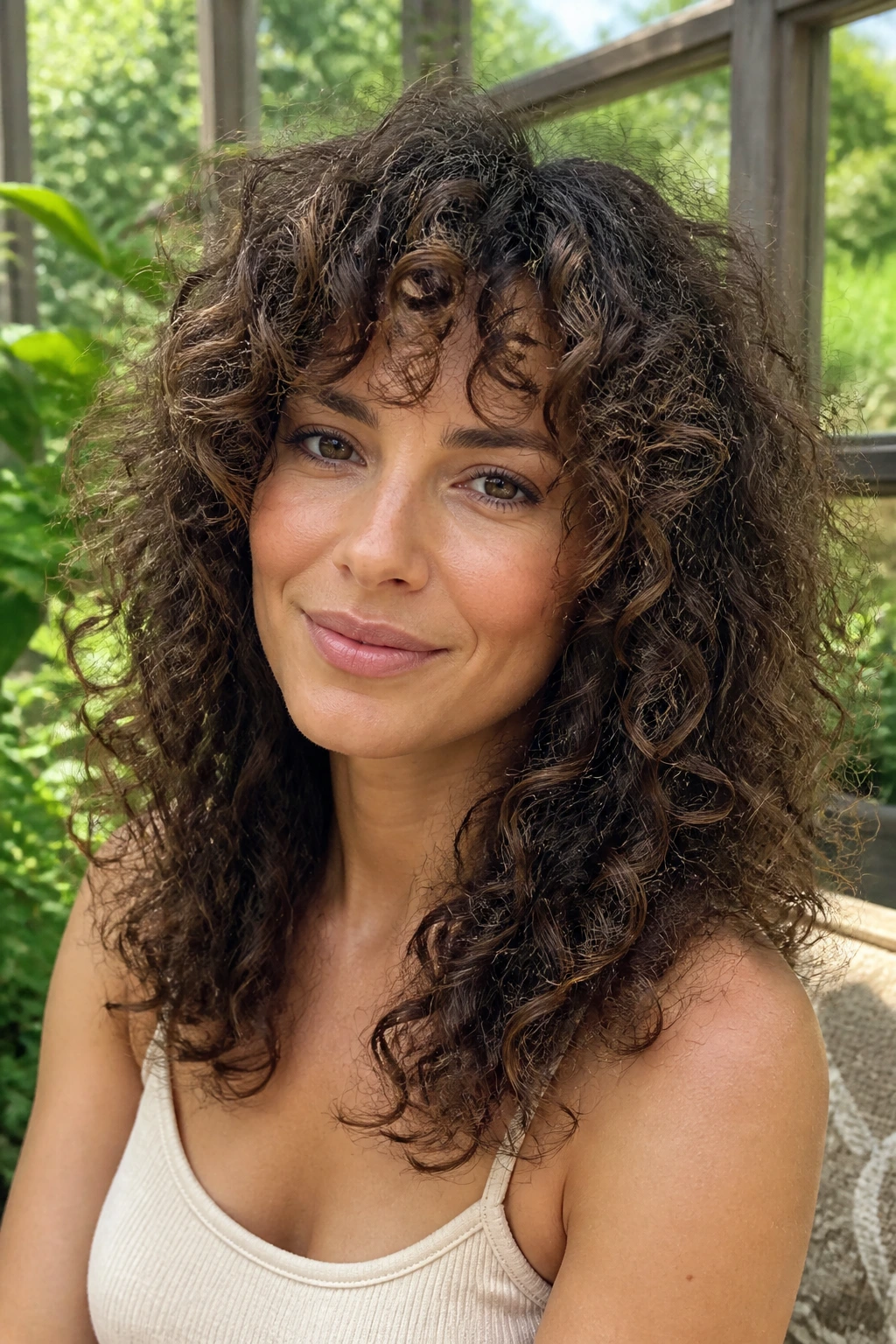 Real woman with Deva-style curly fringe and layered curls in natural light