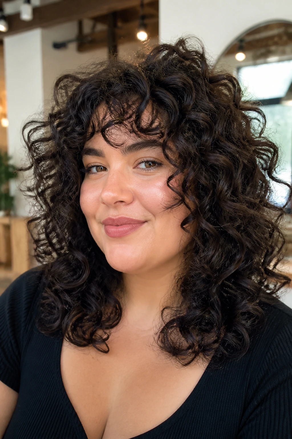 Close-up of a real woman with curly layers cut dry for shape and spring