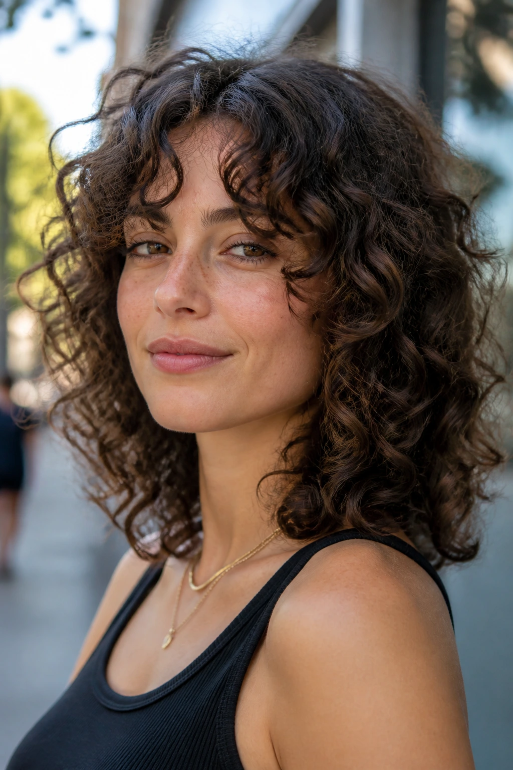 Close-up portrait of a real woman with curly layers opening the face