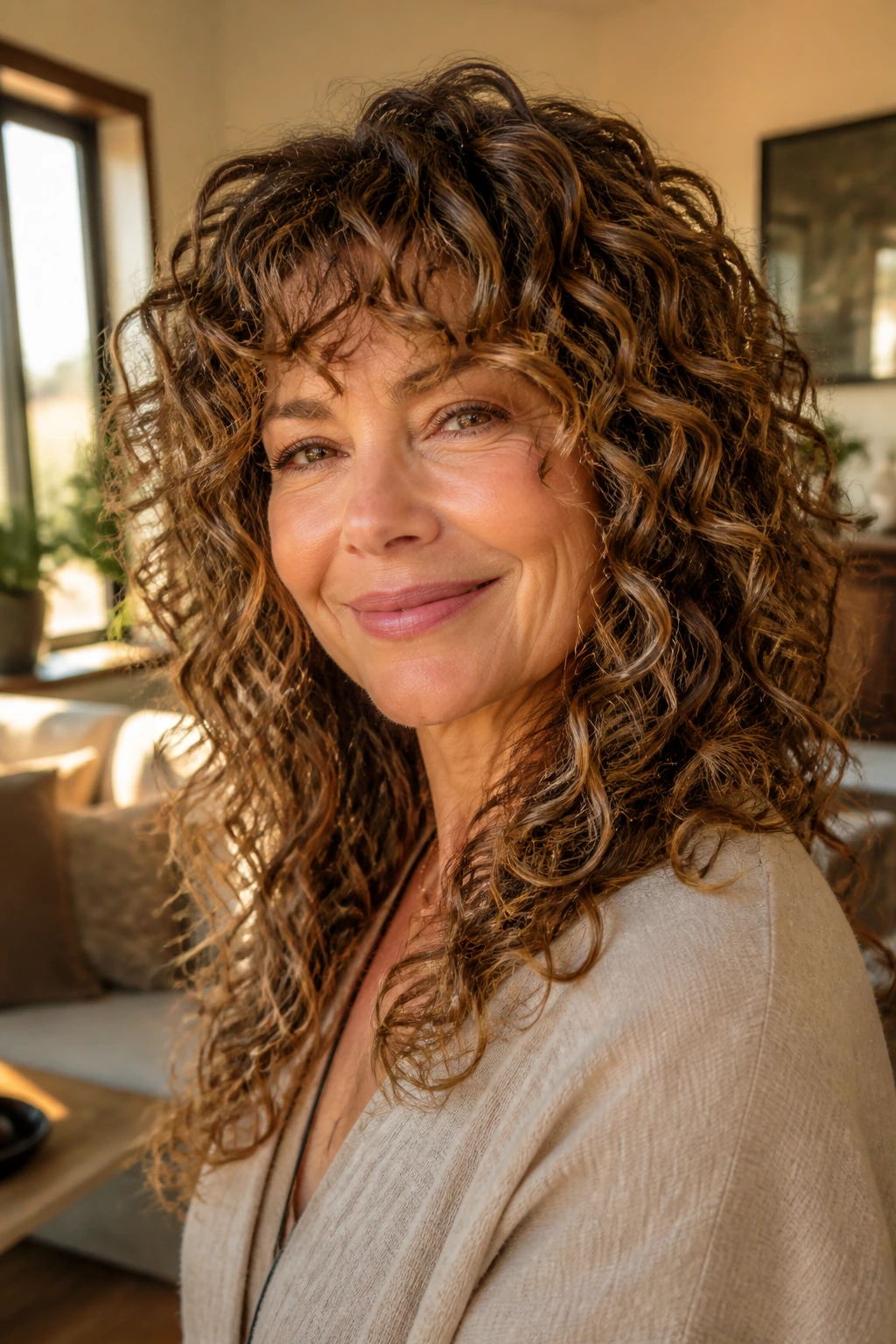 Close-up portrait of a curly-haired woman with curls and curly fringe