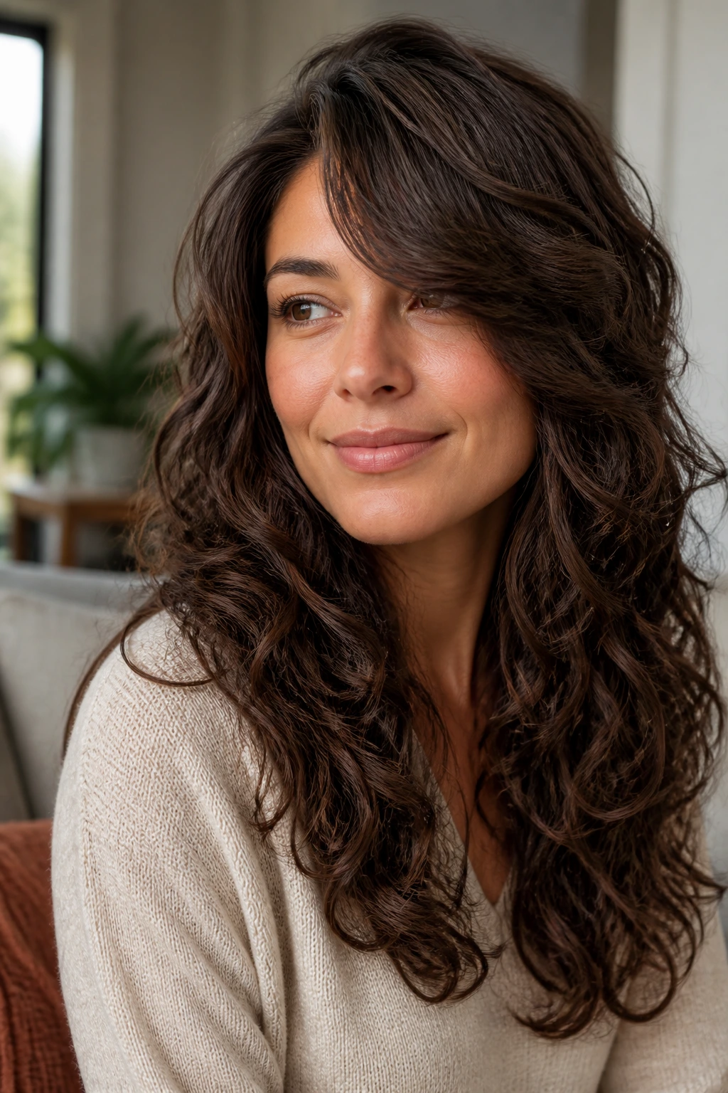 Close-up portrait of a real woman with curly layered shape and long sweep