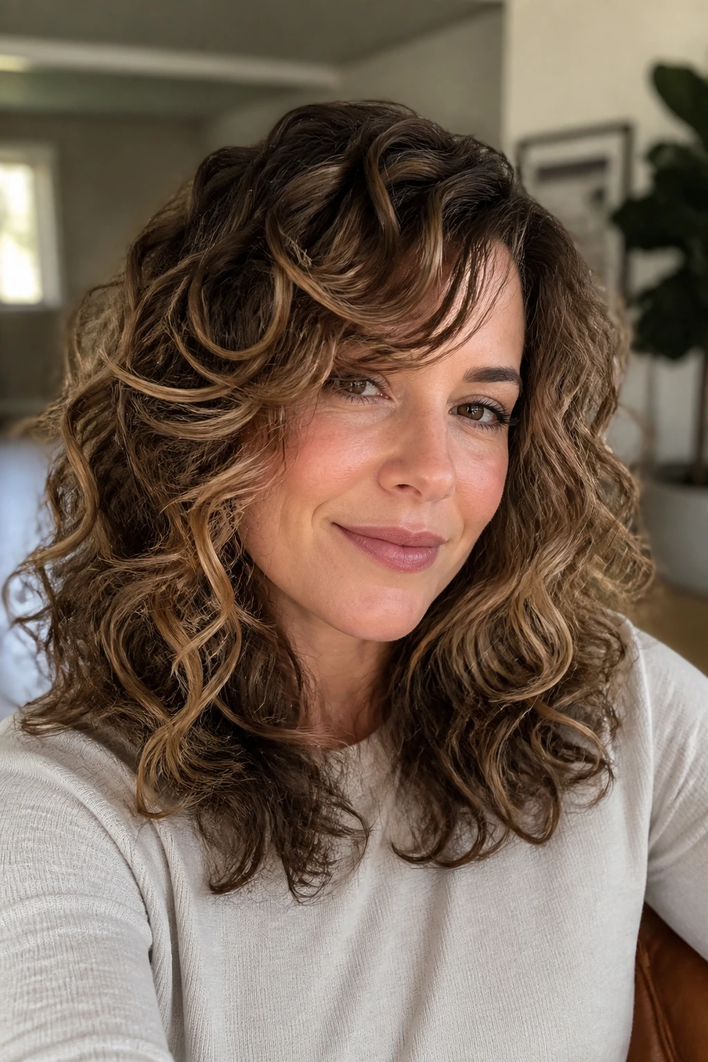 Real woman with curly layers and a swept front across the forehead.